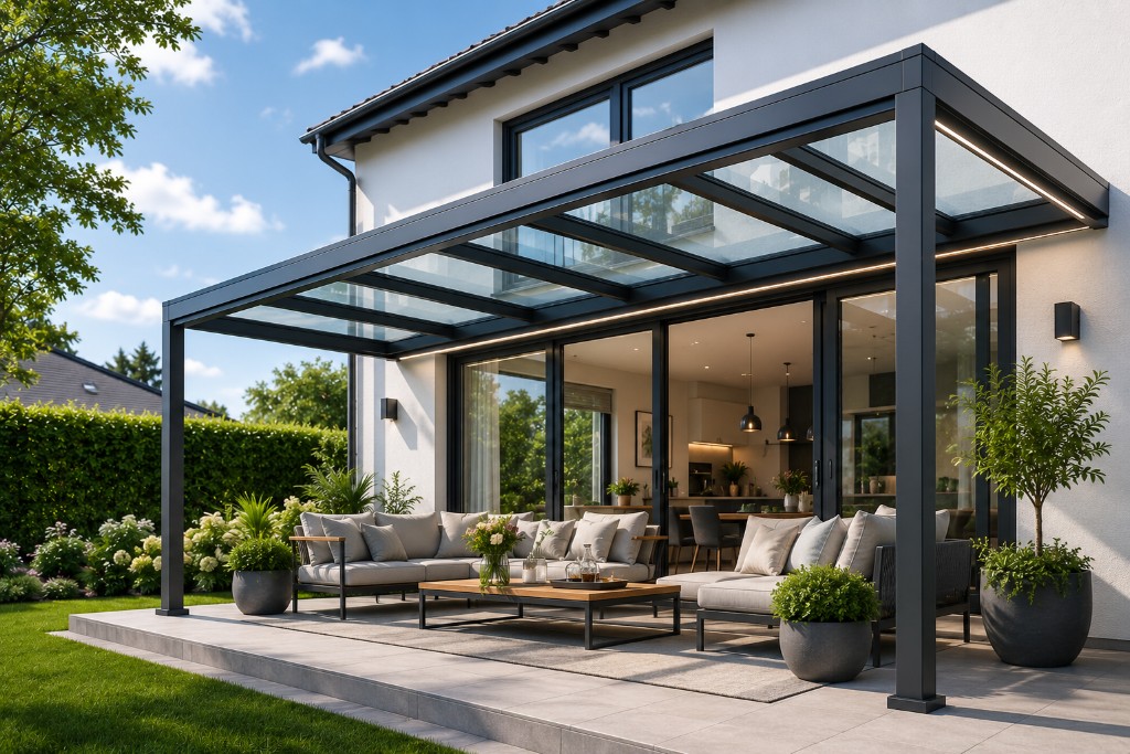 Moderne anthrazitfarbene Aluminium-Terrassenüberdachung mit Glasdach
